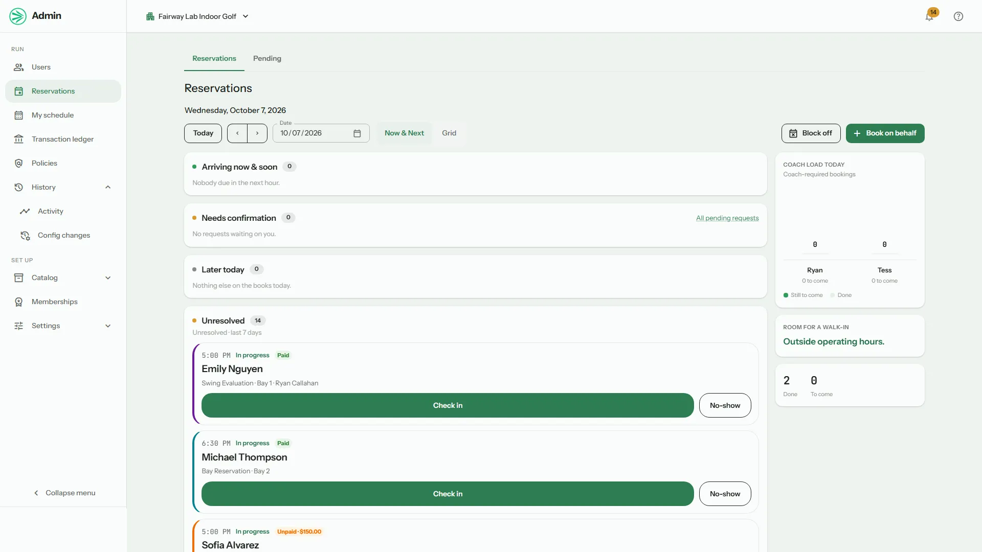 The Now & Next view in the Dink admin: arriving now, needs confirmation, later today, and unresolved bookings with check in and no show buttons