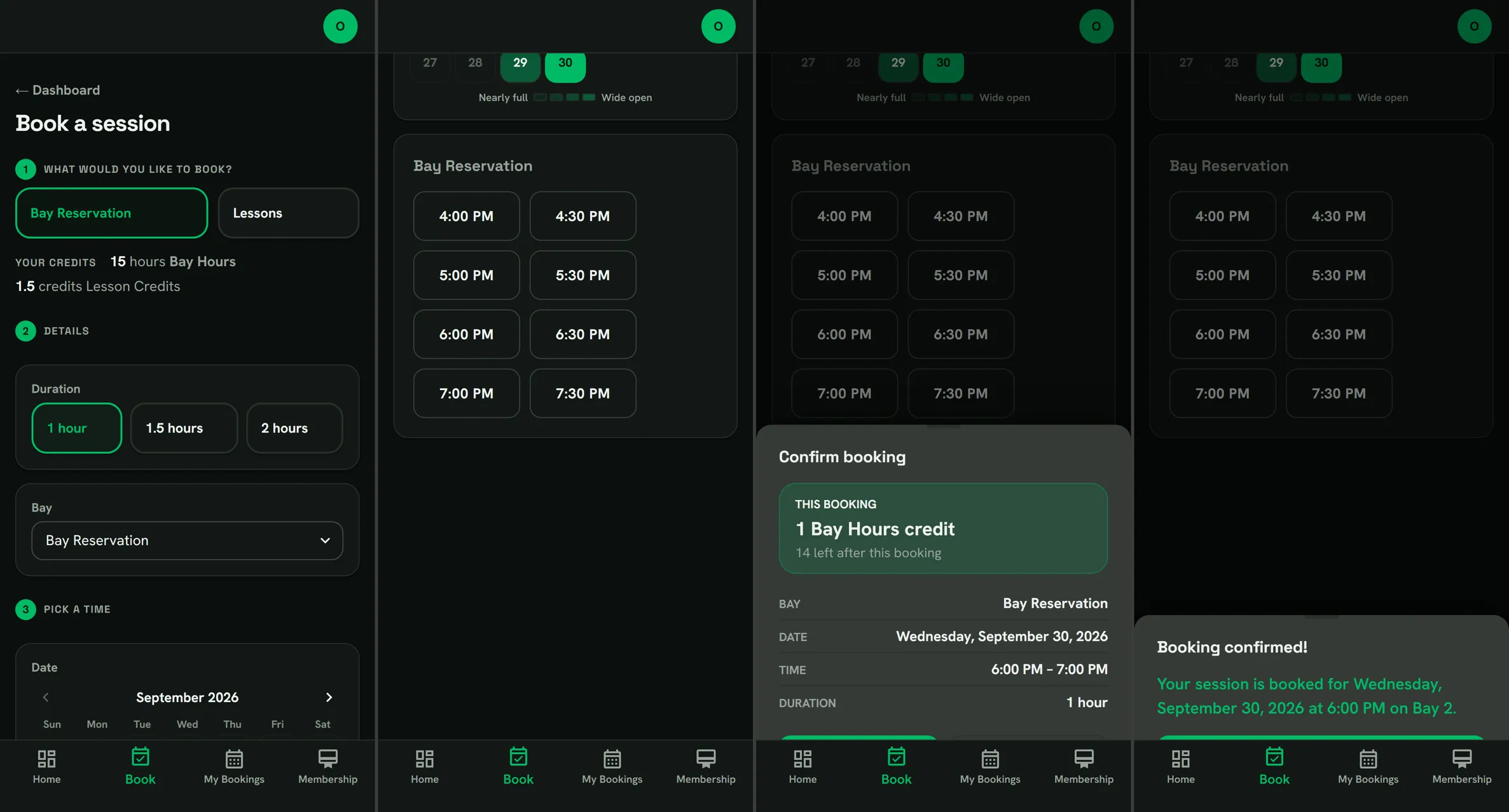 Four screens of the Dink member app booking a bay: choose bay or lesson with credits shown, pick a time, confirm with the credit cost, booking confirmed